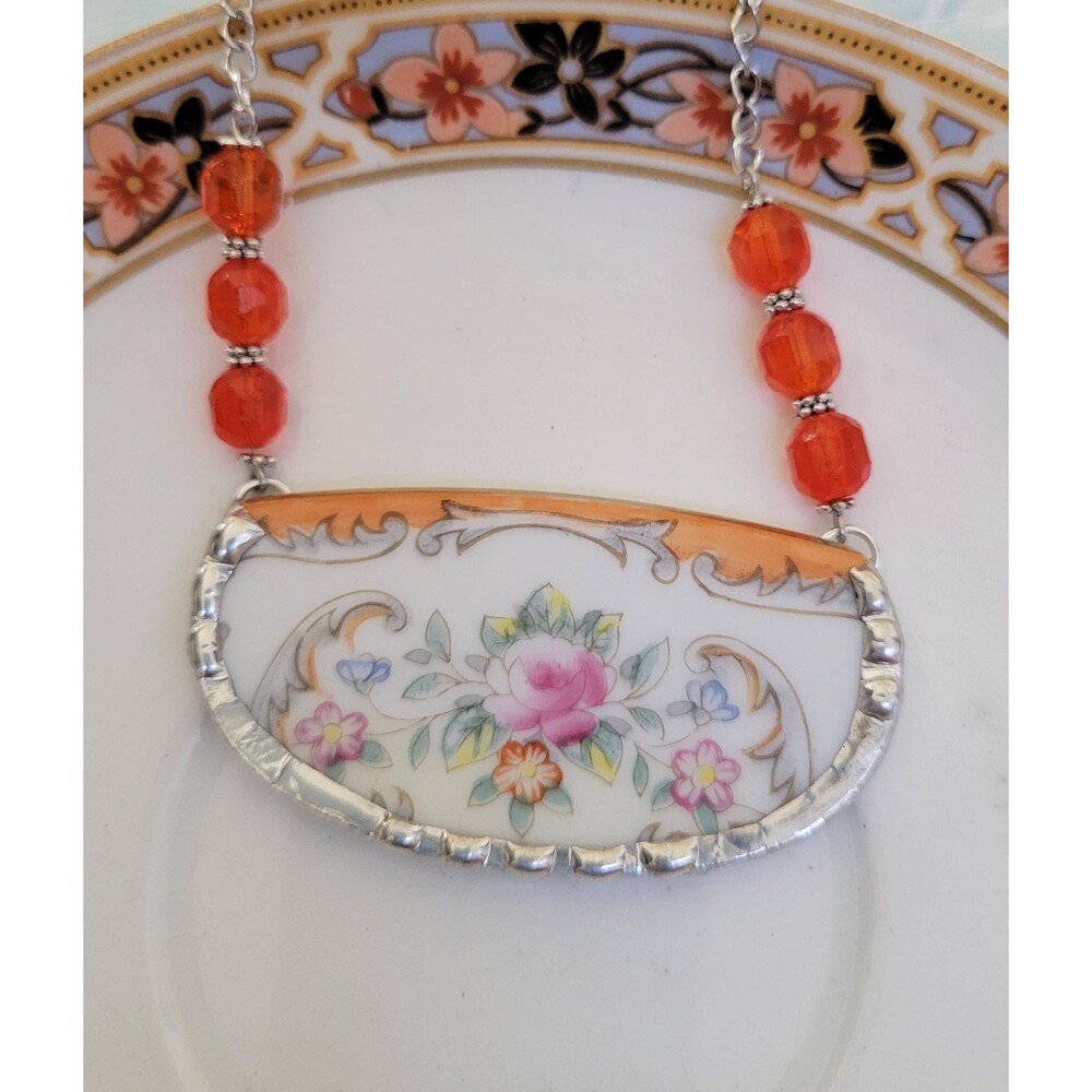 Broken China Hand Painted Floral Swag Soldered Pendant Necklace